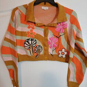 EUC LA Hearts Cardigan Mushroom Flower Patches Embroidered Button Down Medium